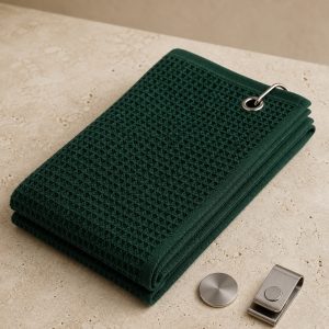 Pine waffle-weave golf towel with a brushed metal marker and magnetic clip