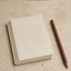 Recycled paper golf scorecards and a walnut pencil on a warm neutral surface